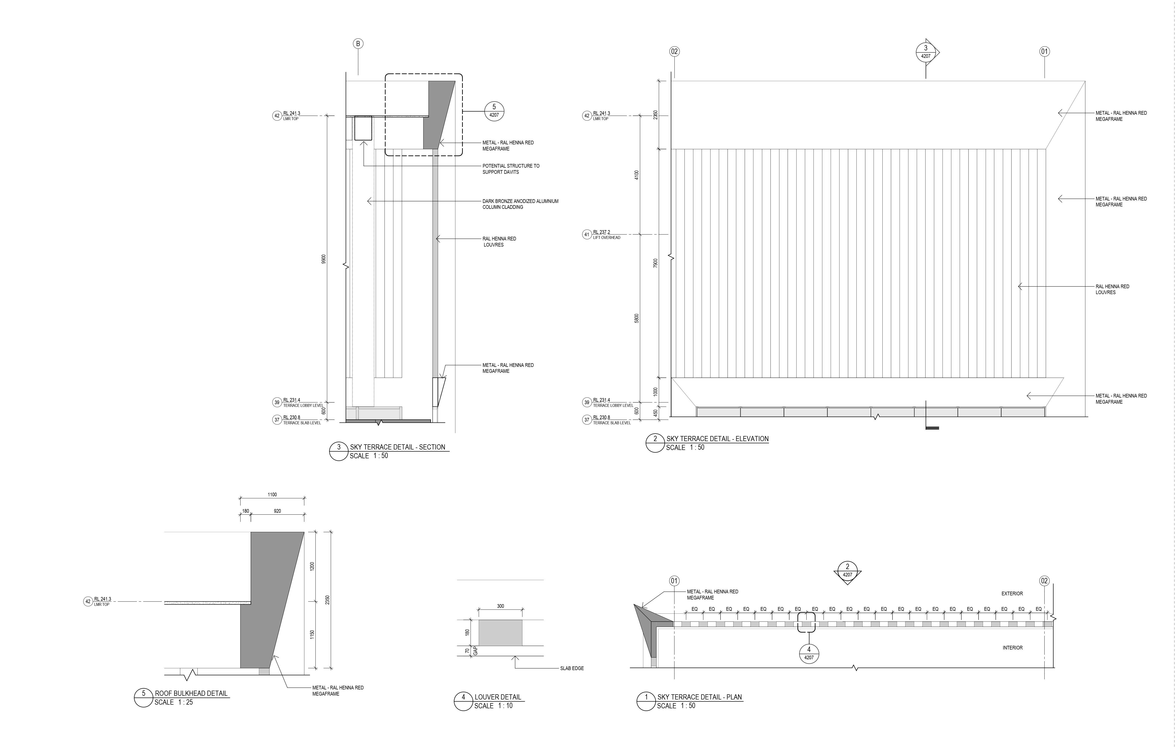 Sky terrace facade detail: megaframe, louvres and slab edge